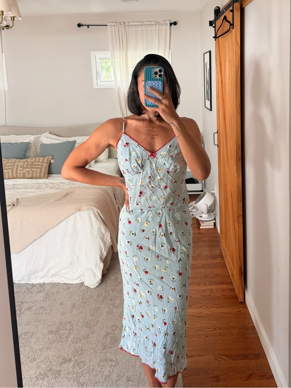Light Blue Floral Midi Slip Top + Skirt with Red Trim from Gap x Doen